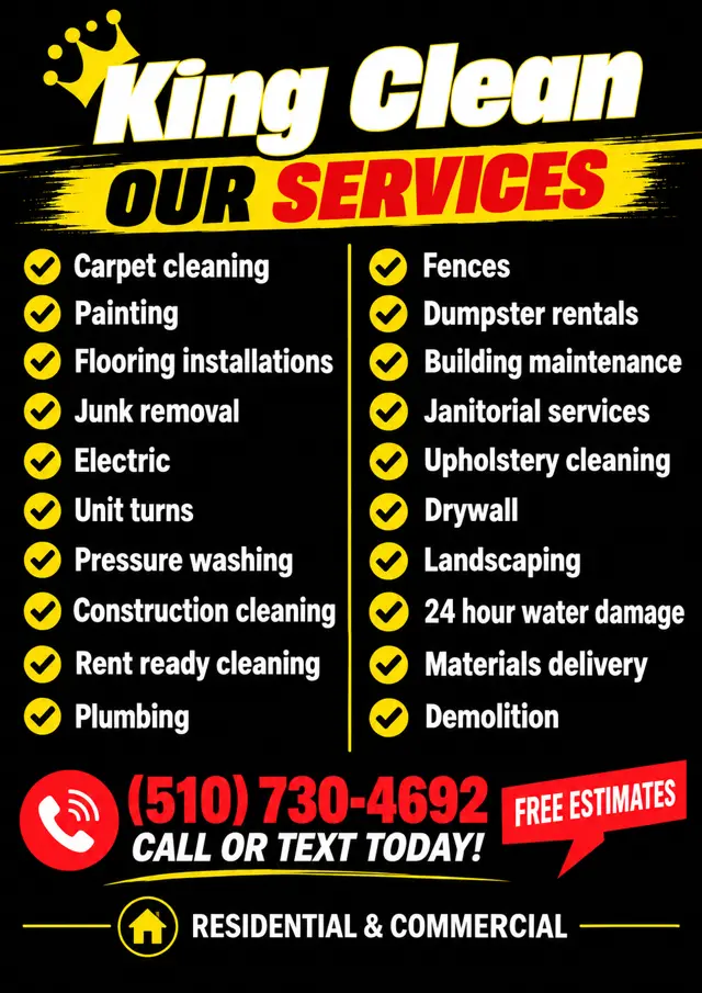 King Clean services flyer listing all services and the phone number (510) 730-4692